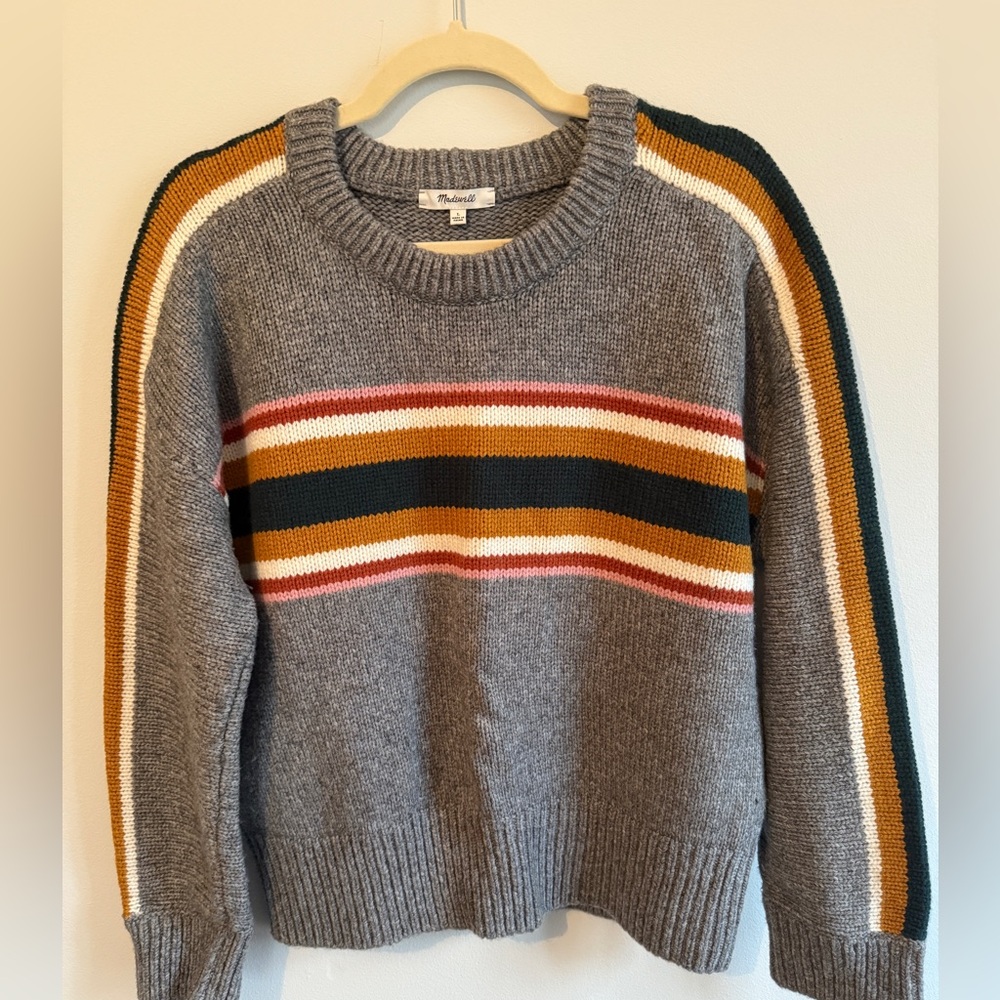 Madewell Gray Striped Crew Neck Sweater